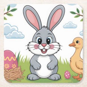 Osterhase und Küken auf einer Frühlingswiese Rechteckiger Pappuntersetzer