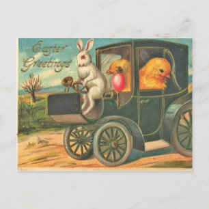 Osterhase und Küken im Auto im Vintage-Stil Postkarte
