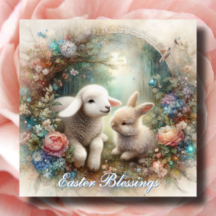 Osterhase und Lamm im Pastell-Farben-Garten Christ Feiertagskarte