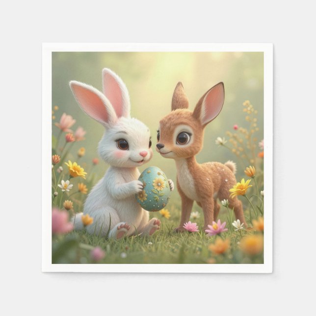 Osterhase und Reh in Wildblumen Serviette (Vorderseite)