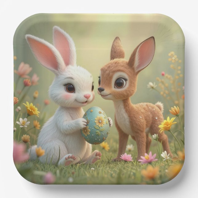Osterhase und Rehkitz in Wildblumen Pappteller (Vorderseite)