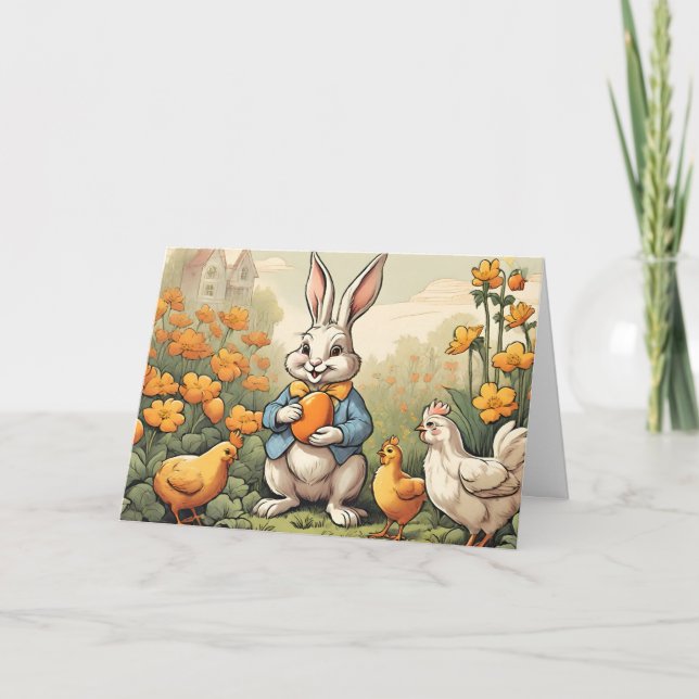 Osterhase, Vintage Illustration von Hühnern Feiertagskarte (Vorderseite)
