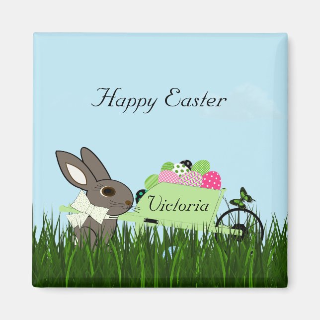 Osterhase w Rollkarre Eier Kühlschrank Magnet (Vorne)