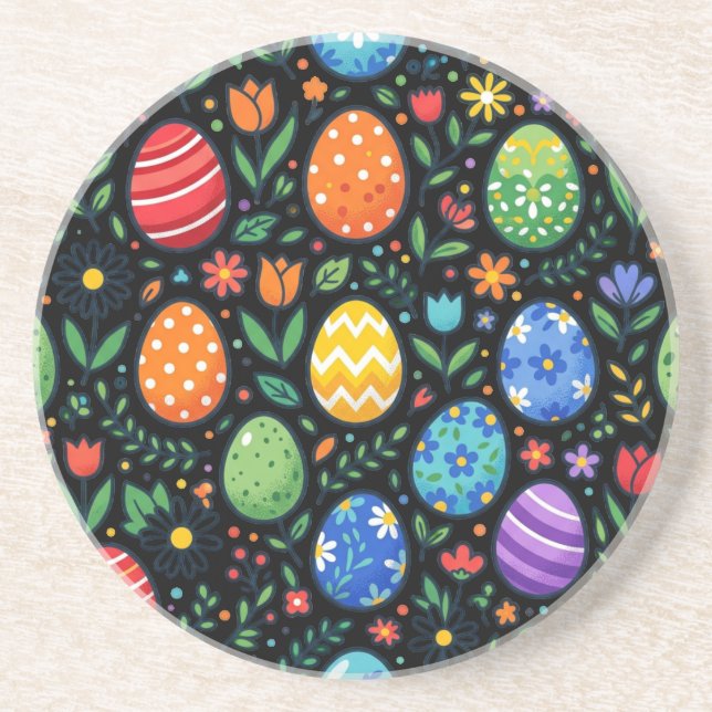 Osterhasen-Eier & Blumen im Regenbogen-Look Getränkeuntersetzer (Vorne)