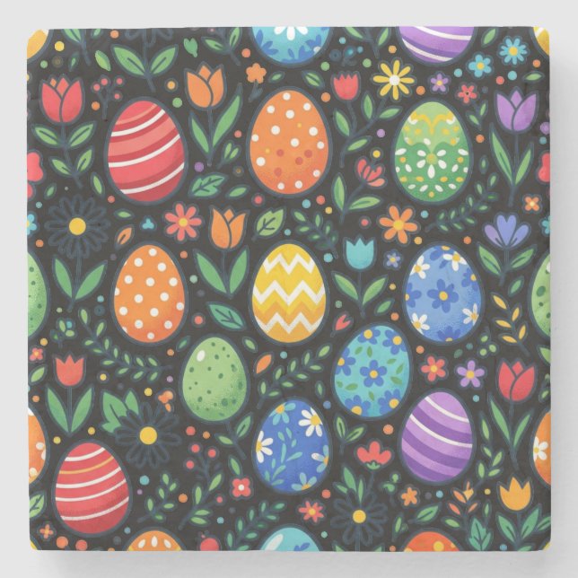 Osterhasen-Eier & Blumen im Regenbogen-Look Steinuntersetzer (Vorderseite)