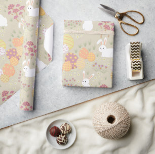 Osterhasen, Eier und Blumen in Pastellfarben  Geschenkpapier