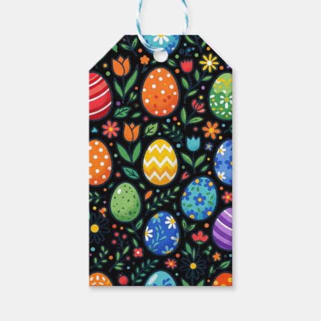Osterhasen-Eier und Blumen in Regenbogenfarben Geschenkanhänger (Vorderseite)