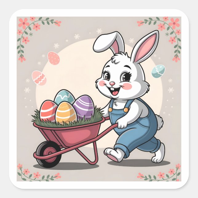 Osterhasen-Eier und Rollkarren Quadratischer Aufkleber (Vorderseite)