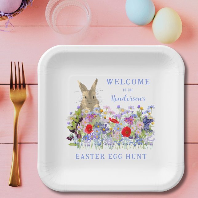 Osterhasen Eizelljagd Flora Willkommen Pappteller (Personalized Easter egg hunt cute bunny wildflower floral spring party plate)