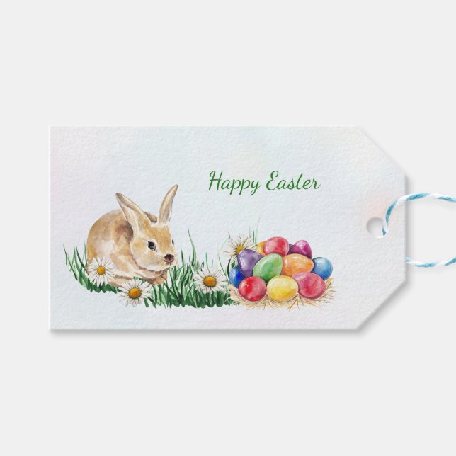 Osterhasen, farbenfrohe Eier und daisy Geschenkanhänger (Vorderseite (Horizontal))