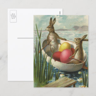 Osterhasen im Vintage-Stil in einem Boot mit Oster Feiertagspostkarte