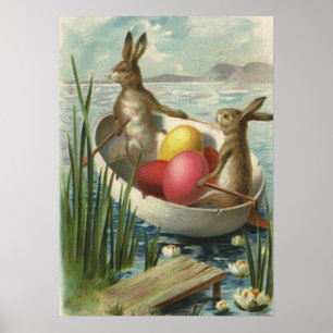 Osterhasen im Vintage-Stil in einem Boot mit Oster Poster