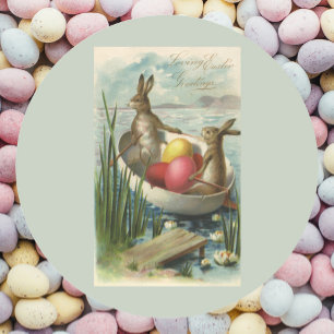 Osterhasen im Vintage-Stil in einem Boot mit Oster Runder Aufkleber