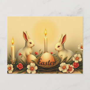 Osterhasen im Vintage-Stil mit Kerzen, Blumen Postkarte