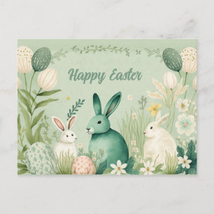 Osterhasen in einem mintgrünen Frühlingsgarten Postkarte