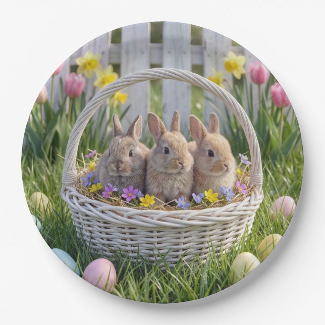Osterhasen in einem Weidenkorb auf Gras Pappteller (Vorderseite)