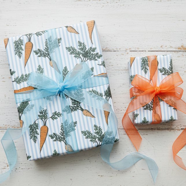 Osterhasen Karotten & Blaue Streifen Geschenkpapier (Cute Carrots & Green Leaves Vegetable Food Pattern Wrapping Paper for Easter and Vegan Themed Party)
