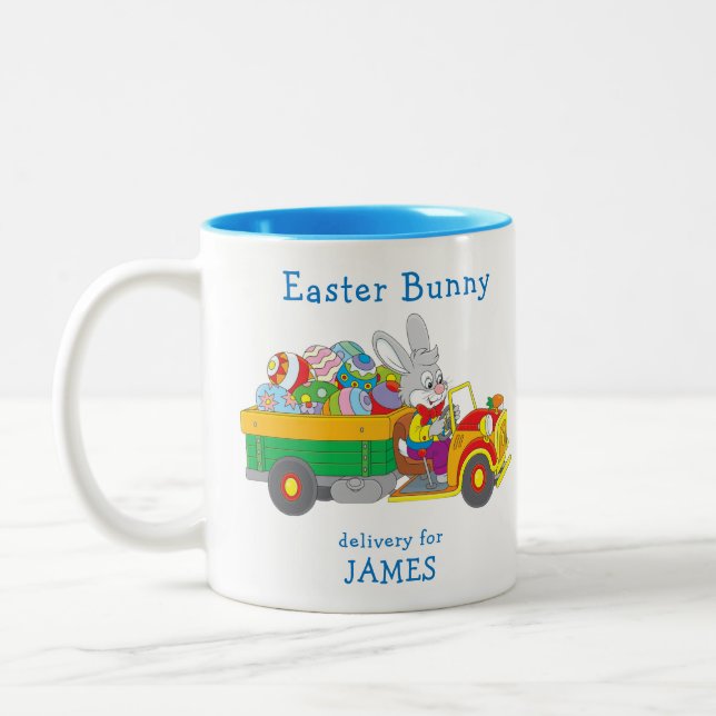 Osterhasen Lieferwagen Personalisierter Name Zweifarbige Tasse (Links)