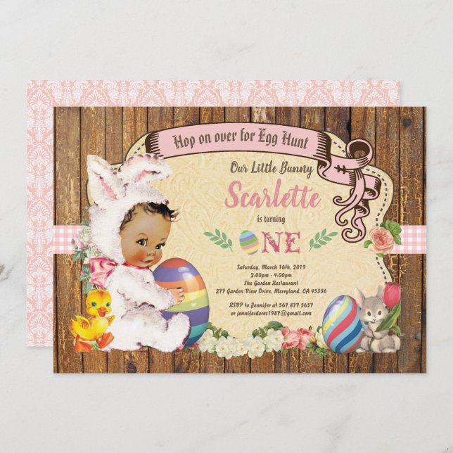 Osterhasen-Mädchen 1. Geburtstag Ei Jagd Vintag Einladung (Vorne/Hinten)