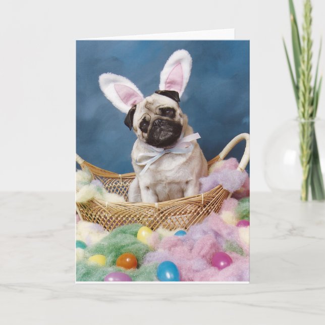 Osterhasen-Mops-Hundekorb Karte (Vorderseite)