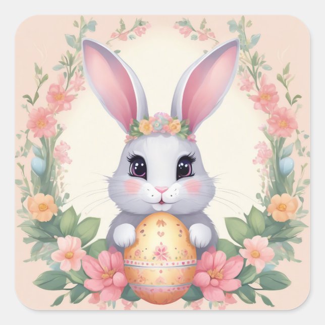 Osterhasen Niedliche Blumenaufkleber in Frühlingsf Quadratischer Aufkleber (Vorderseite)