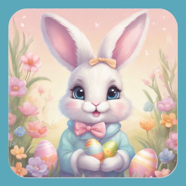 Osterhasen Niedliche Blumenaufkleber in Frühlingsf Quadratischer Aufkleber (Von Creator hochgeladen)