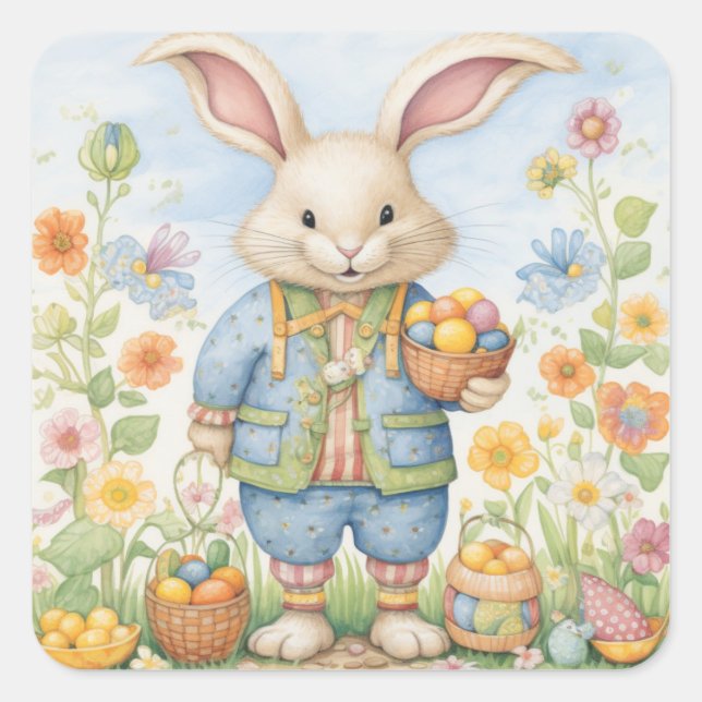Osterhasen Niedliche Blumenaufkleber in Frühlingsf Quadratischer Aufkleber (Vorderseite)