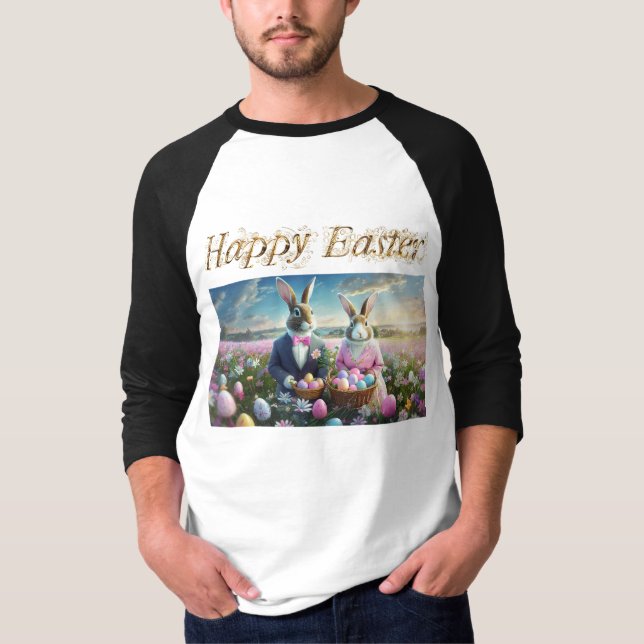 Osterhasen-Paar mit Ostereiern Happy Oster T-Shirt (Vorderseite)