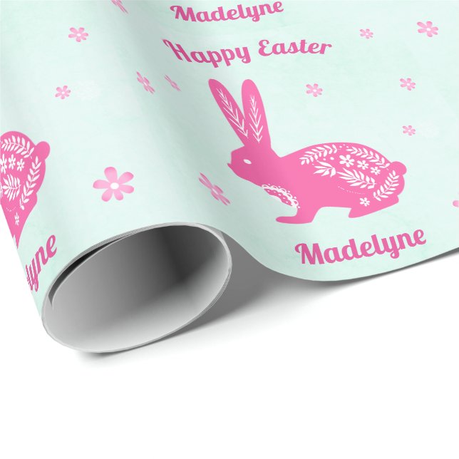 Osterhasen Rabbit Daisies Pink Aqua Personalisiert Geschenkpapier (Rolleneckpunkt)