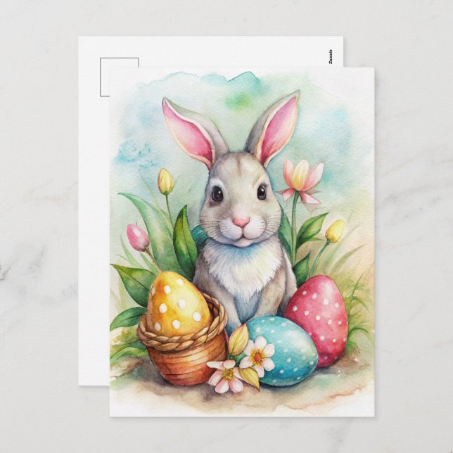 Osterhasen und bemalte Eier Feiertagspostkarte (Vorne/Hinten)