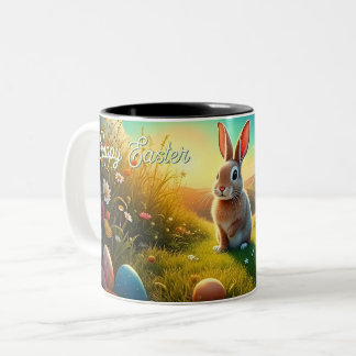 Osterhasen und farbenfrohe Eier im Frühjahrsmagie Zweifarbige Tasse