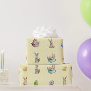 Osterhasen und farbige Eier gelbe Tupfen Geschenkpapier