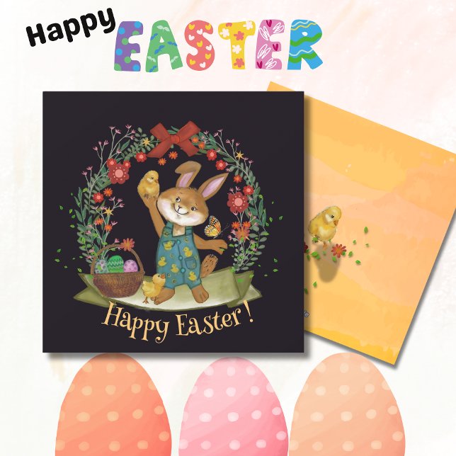 Osterhasen und Küken schwarz gelb Feiertagskarte (Easter bunny and chicks black yellow holiday card)