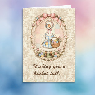 Osterhasen und süße Gans in Vintage-Kleidung Karte