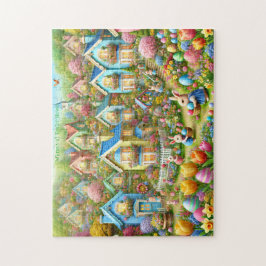 Osterhasendorf, pastellfarben gestrichene Cottages Puzzle