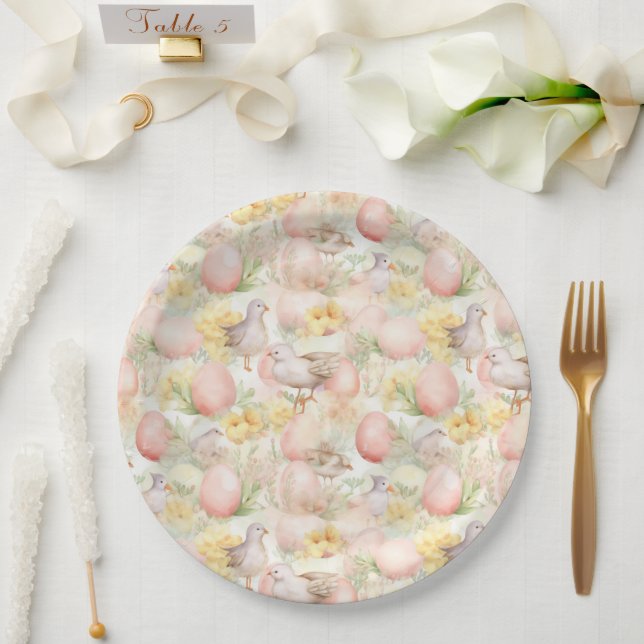 Osterhintergrund mit Eiern, Blume und Vögeln Pappteller (Hochzeit)