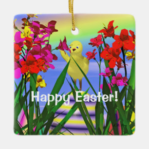 Osterhuhn und Blumen Keramikornament