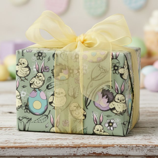 Osterhühner & Bunny Ears, Eier & Blume Geschenkpapier (Cute Easter Chicks Wrapping Paper with Rabbit Ears & Colorful Eggs for Kids Easter Baskets, Egg Hunt)