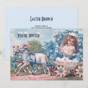 Osterillustration im Vintage-Stil mit Mädchen und  Einladung