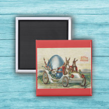 Osterkaninchen im antiken Auto Grosses blaues Ei