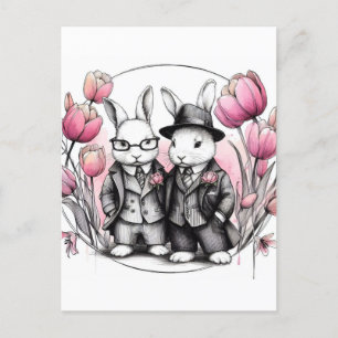 Osterkaninchen in Anzügen Rosa Tulpen Postkarte