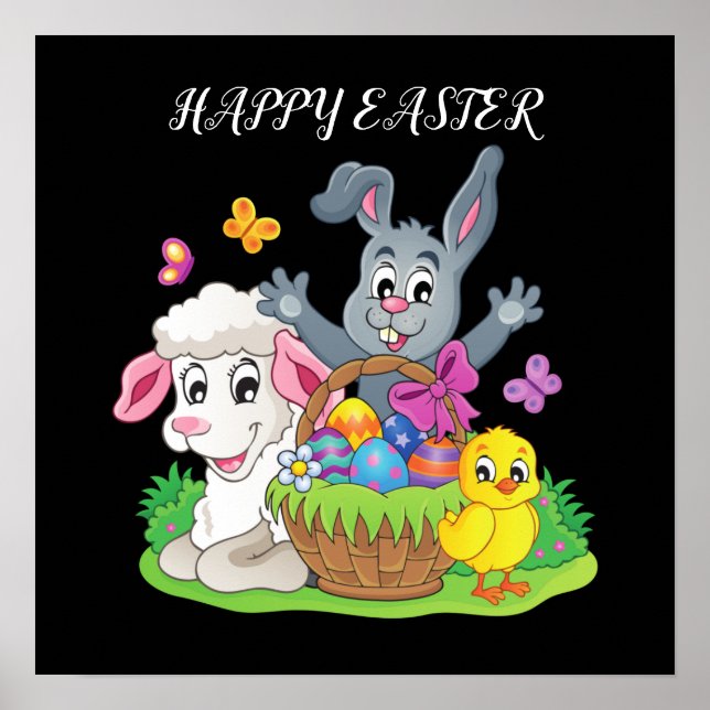 Osterkaninchen, Lamm- und Küchenkulpturen. Poster (Vorne)