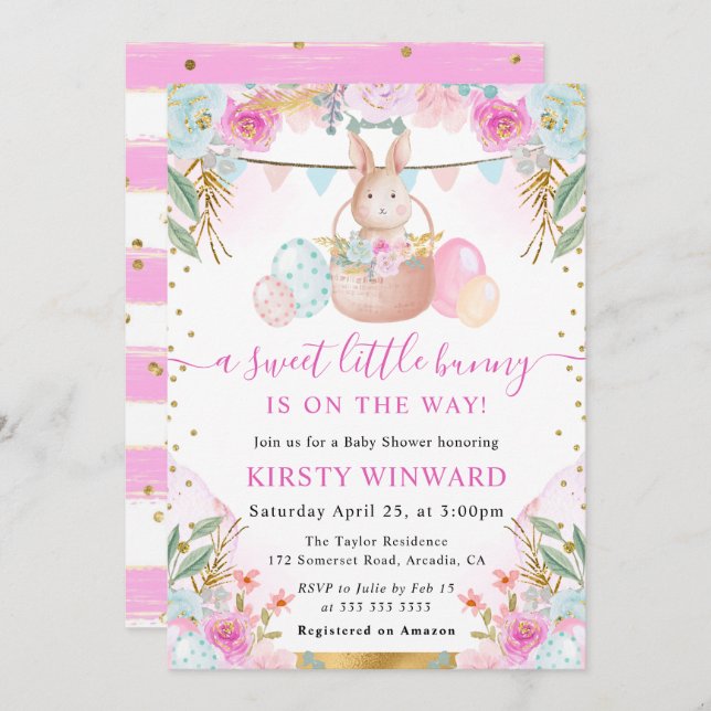 Osterkaninchen und Blume Kinderdusche Einladung (Vorne/Hinten)