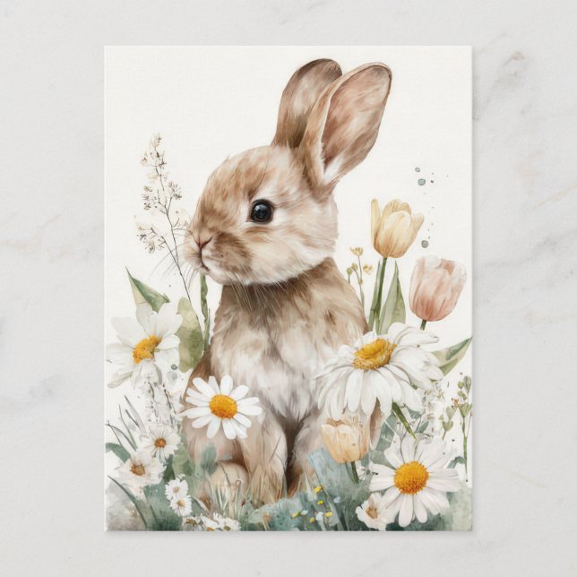 Osterkarte mit Blumen und Osterhase Postkarte (Vorderseite)