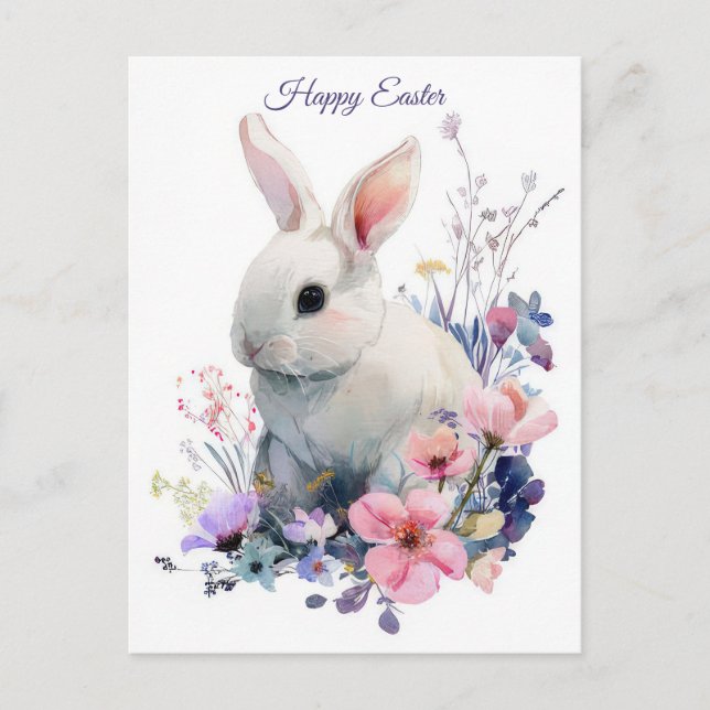 Osterkarte mit Blumen und Osterhase Postkarte (Vorderseite)