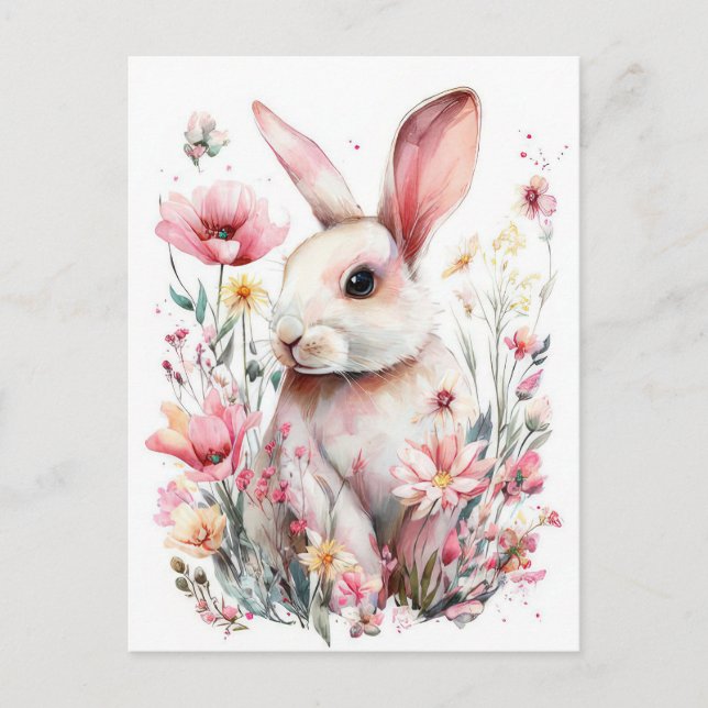 Osterkarte mit Blumen und Osterhase Postkarte (Vorderseite)