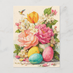 Osterkarte mit Blumen und Osterhasen Postkarte
