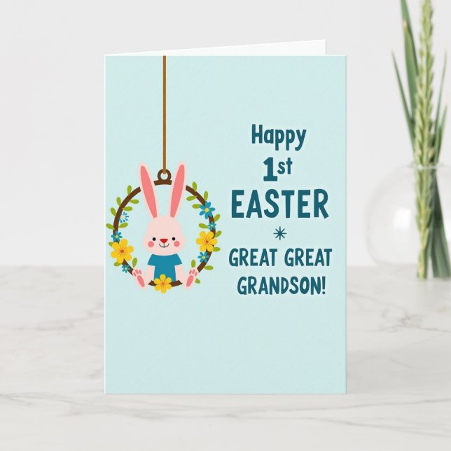 Osterkarte mit Hasen und Blumen zum ersten Ostern Karte (Vorderseite)