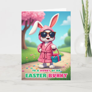 Osterkarte mit Hasengeschenk zum Frühling Karte
