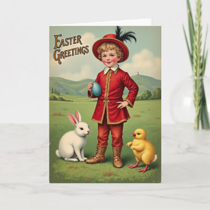 Osterkarte mit Kind im scharlachroten Mantel Karte